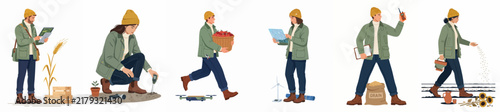 Set of flat vector illustrations depicting modern agricultural professionals engaged in smart farming, harvesting, planting, and utilizing technology in sustainable agriculture.