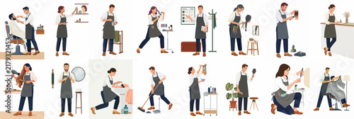 Illustrations of Diverse Barbers and Hair Stylists Working in a Modern Salon, Showing Various Professional Haircare Tasks and Daily Business Activities.
