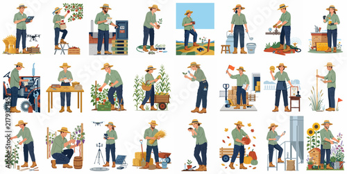 Set of flat vector illustrations featuring farmers engaged in various agricultural activities, such as planting, harvesting, beekeeping, and utilizing modern smart farming technologies.