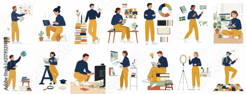 Comprehensive collection of flat vector character illustrations representing diverse professional, educational, and creative activities in a modern navy blue and yellow color scheme.