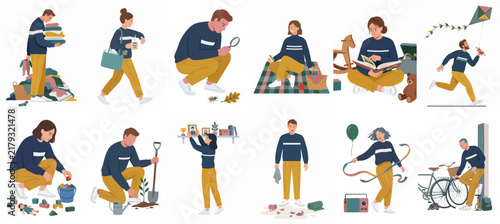 Collection of flat vector illustrations showing diverse people engaged in everyday activities, household chores, and outdoor hobbies on a clean white background.