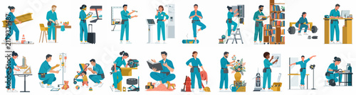 Collection of diverse characters in blue overalls performing various daily activities, hobbies, and professional tasks in a flat illustration style.