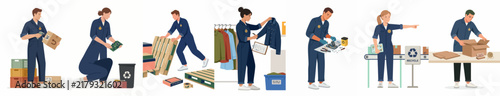 Flat vector illustrations of warehouse workers in blue overalls performing various recycling, waste management, and logistics tasks on a white background.