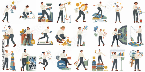 Collection of diverse business and finance illustrations featuring people managing money, shopping online, analyzing data, and celebrating professional success in flat design style.