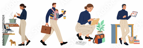 Flat Vector Illustration of Modern Professionals Multitasking at Home, Balancing Career with Parenting, Cooking, and Household Chores in a Remote Work Environment.