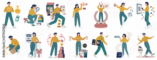 Collection of flat vector illustrations depicting various business, financial success, investment, and achievement concepts with diverse male and female characters.