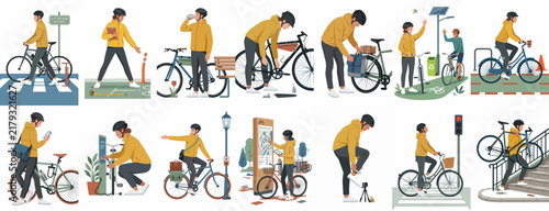 Collection of flat style illustrations depicting diverse urban cycling activities, including commuting, bicycle maintenance, and city navigation with cyclists in yellow hoodies.
