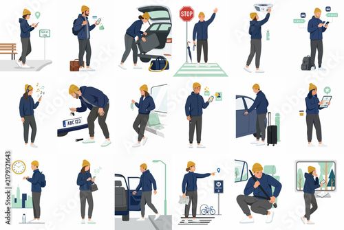 Vector illustration set featuring a young man navigating various city transportation and travel scenarios using a smartphone app.