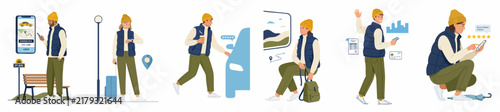 Set of illustrations showing a man using a ride-sharing app for travel, from booking and waiting to riding and rating his trip.