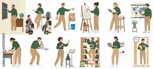 Vector illustration set of teachers and school staff in various classroom activities and educational settings wearing green sweaters and beige trousers.