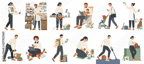 Collection of flat illustrations depicting people performing various daily activities, household chores, parenting tasks, and working from home on a white background.