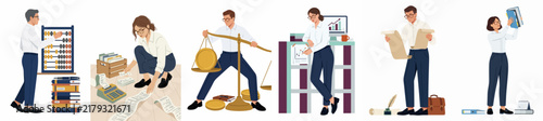 Set of flat vector illustrations featuring professional accountants and office workers engaged in financial tasks like bookkeeping, auditing, and managing records.