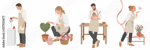 Set of Illustrations Featuring Florists and Artisans Preparing Gifts and Floral Arrangements for Romantic Celebrations like Valentine's Day