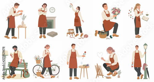 Flat vector illustration collection of diverse people in aprons participating in various creative, romantic, and leisure activities on a white background.