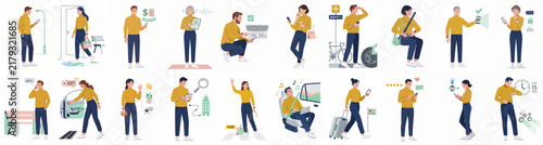 Collection of flat vector illustrations showing people using various mobile app services and smart technology in their daily lives.