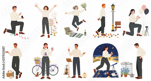 Vector illustrations of romantic life events, featuring marriage proposals, joyful celebrations, outdoor picnics, and everyday moments of a young couple.
