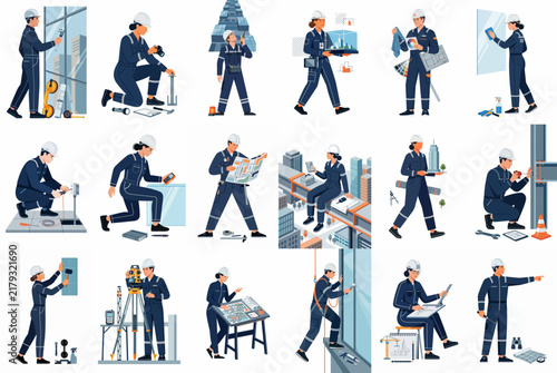 Flat illustration collection of professional male and female construction workers, engineers, and architects performing various tasks on a building site.
