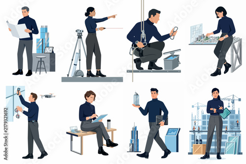 Illustration set of diverse professionals in architecture, engineering, and construction fields, featuring surveying, model making, site inspection, and drone technology.