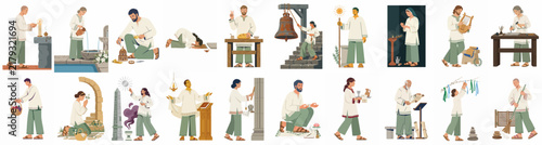Collection of flat style illustrations depicting diverse daily life activities, traditional rituals, and chores performed by characters in cultural attire.