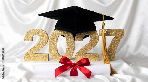 Celebrating the class of 2027 with golden year numbers a black graduation cap and a vibrant red ribbon on a soft white backdrop