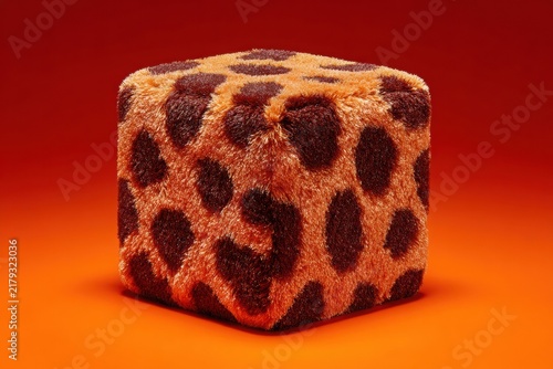 Plush cube toy with warm brown leopard pattern, captured from a low angle against a vibrant orange background, showcasing its soft texture and playful design