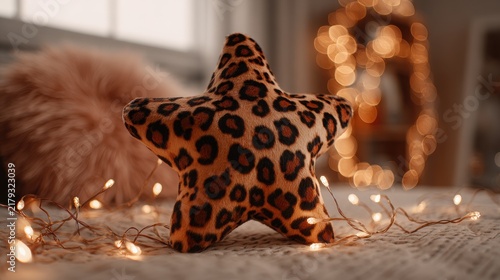 Star-shaped toy with bold leopard pattern surrounded by glowing fairy lights, creating a cozy and whimsical atmosphere perfect for festive decor and playful settings