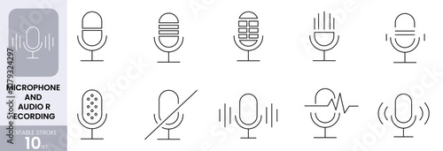 Microphone and audio recording line icon set for podcast broadcast and voice sound interface