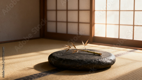 Zen Japanese Shoji Screen Background with Stone Pedestal