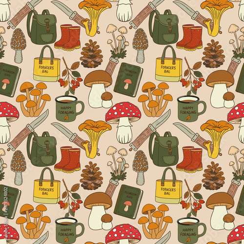 Mushroom foraging seamless pattern. Forest mushroom picking elements with boots, baskets, bags, knives and field guides. Ideal for fabric, textile, wallpaper, packaging and outdoor themed stationery.