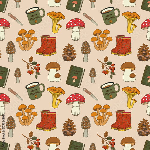 Mushroom foraging seamless pattern. Wild mushrooms, red boots, pine cones, berries, foraging bags and field guides on a white background. Ideal for fabric, wallpaper, packaging and stationery.