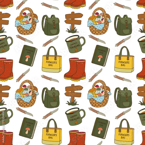 Mushroom foraging seamless pattern. Baskets of wild mushrooms, backpacks, field guides, foraging bags, boots and wooden signs. Ideal for fabric, wallpaper, packaging and outdoor themed stationery.