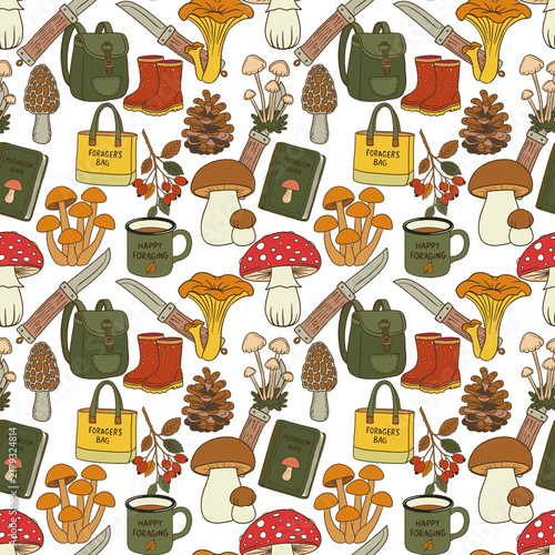 Mushroom foraging seamless pattern. Forest mushroom picking elements with boots, baskets, bags, knives and field guides. Ideal for fabric, textile, wallpaper, packaging and outdoor themed stationery.