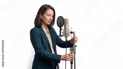 Professional woman in a blazer adjusting a studio microphone on a stand against a white background