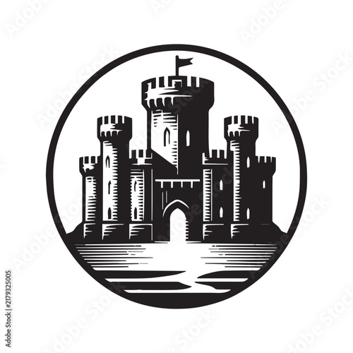 Black and white vector illustration of a medieval castle fortress inside a circular frame.