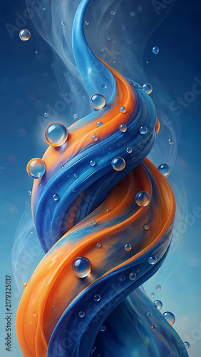 Abstract Blue and Orange Swirling Liquid Vortex with Water Droplets