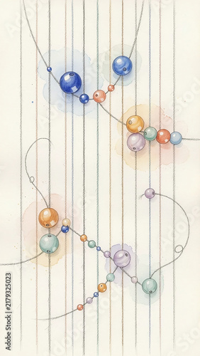 Abstract Watercolor Illustration with Thread and Colorful Bead Networks