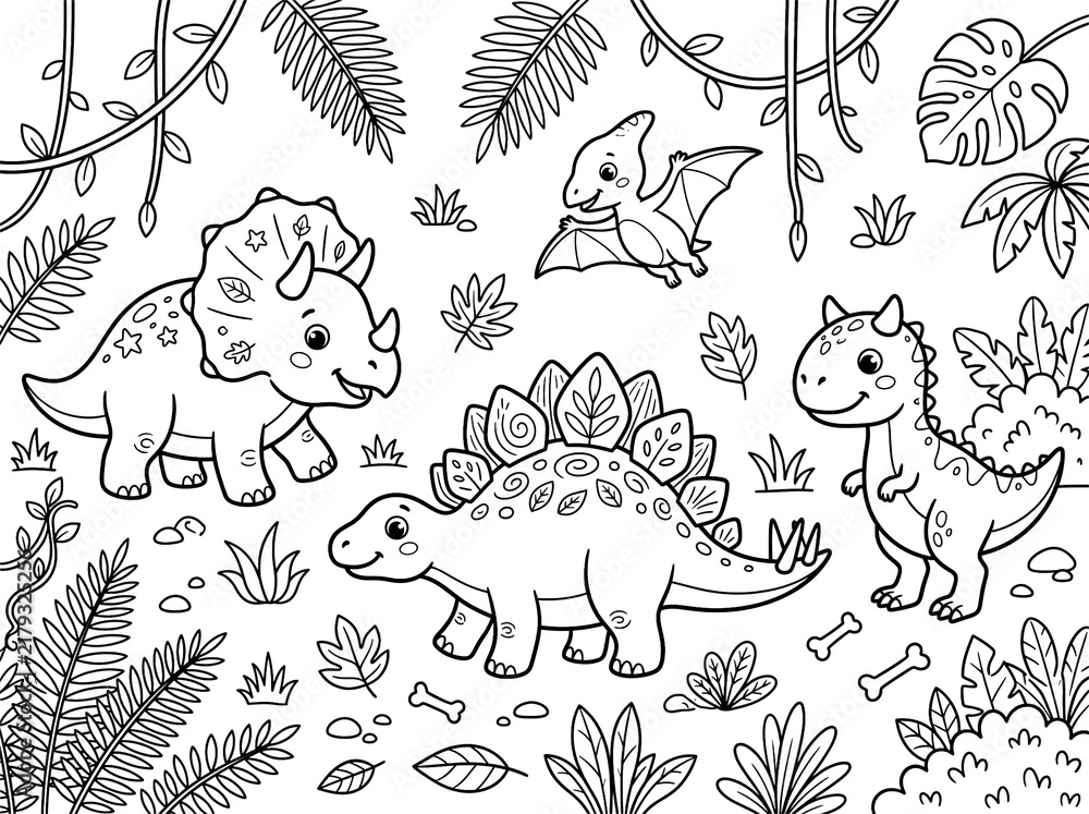 Obraz premium Cute cartoon dinosaur coloring page for kids with triceratops, stegosaurus, and pterodactyl