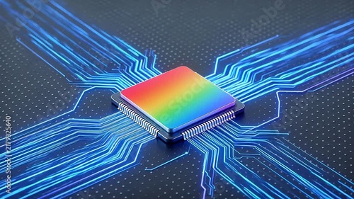 Colorful microchip with glowing circuit