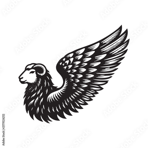 Vintage style illustration of a winged ram head isolated on white background.