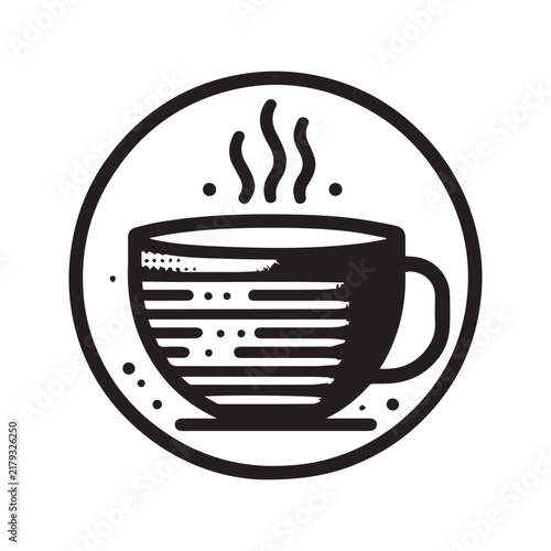 Minimalist black and white vector illustration of a steaming coffee cup icon.