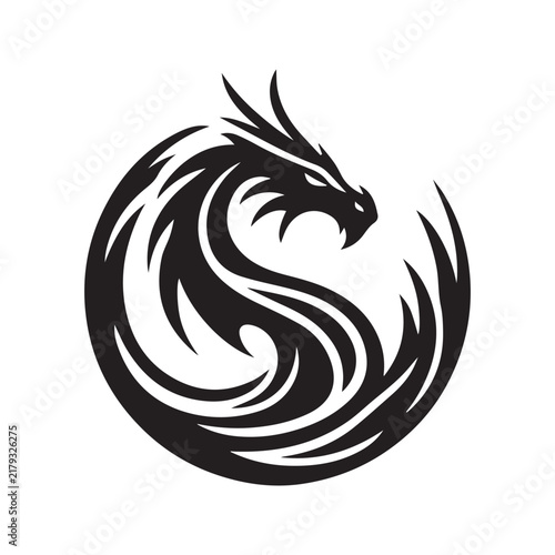 Abstract circular dragon emblem illustration in black and white style.