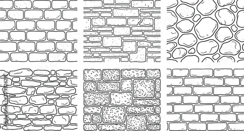 Collection of monochrome hand drawn stone and brick wall texture patterns with wall pattern masonry vector rock background building facade architecture texture