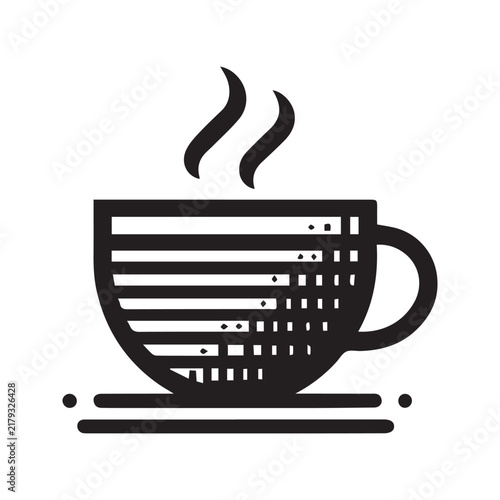 Minimalist black and white vector icon of a steaming cup of coffee.