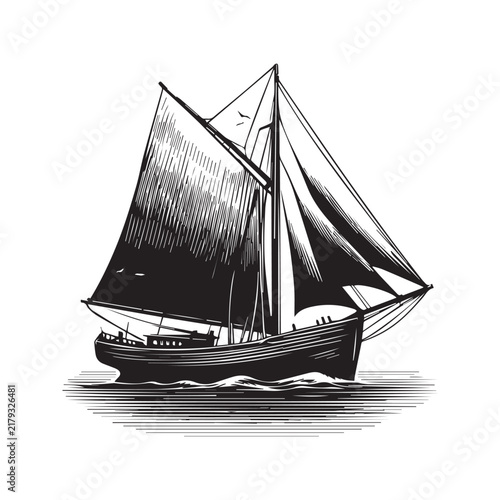 Vintage style hand drawn illustration of a classic sailing ship on the water.