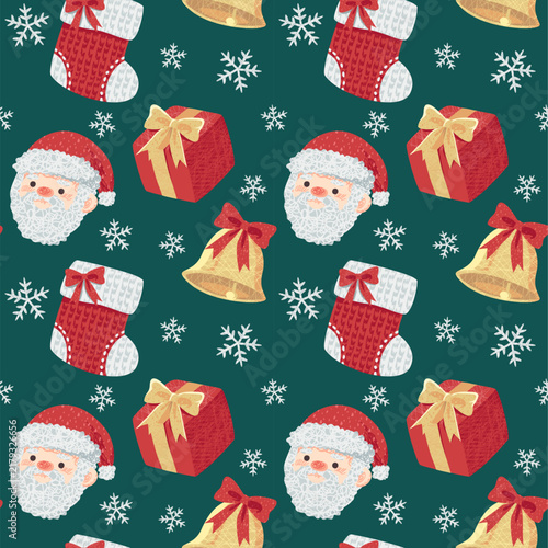Santa Claus stocking gift box bell seamless pattern on dark green background