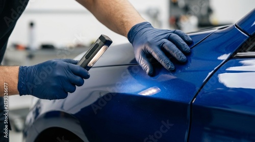 Mechanic examining a blue vehicle with a flashlight in an auto repair shop