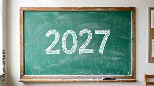 The year two thousand twenty seven is clearly and boldly written in bright white chalk on an aged green chalkboard inside a classroom