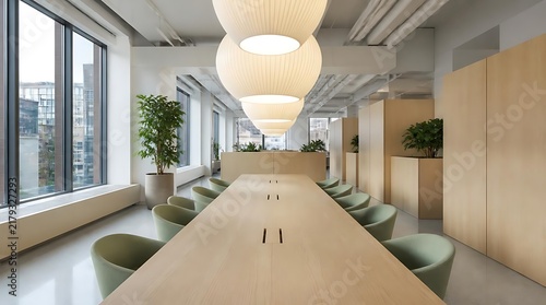 Modern conference room interior with long table and chairs.