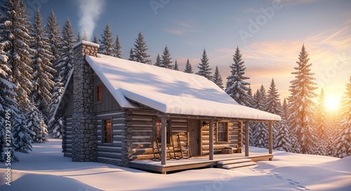 Cozy Log Cabin in Snowy Forest at Sunset 1.