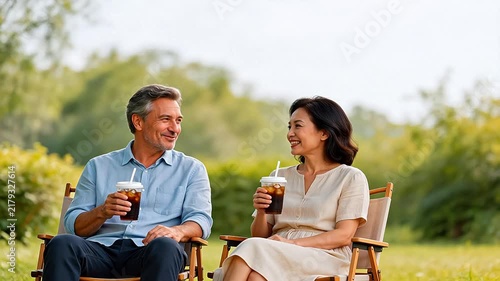 Elderly couple enjoying drinks outdoors